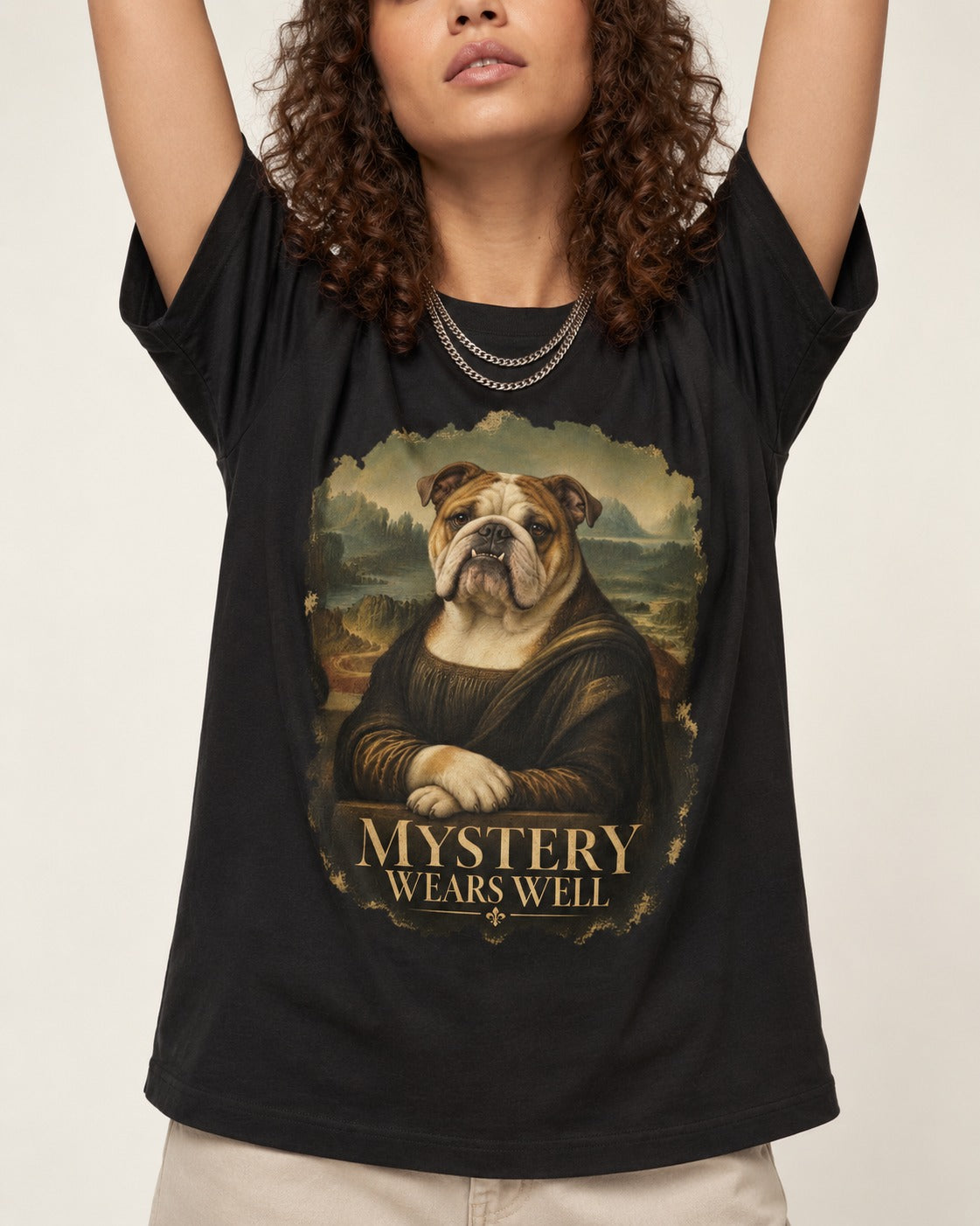English Bulldog Mystery Wears Well Mona Lisa Portrait T-Shirt in Black, worn by a model, front view