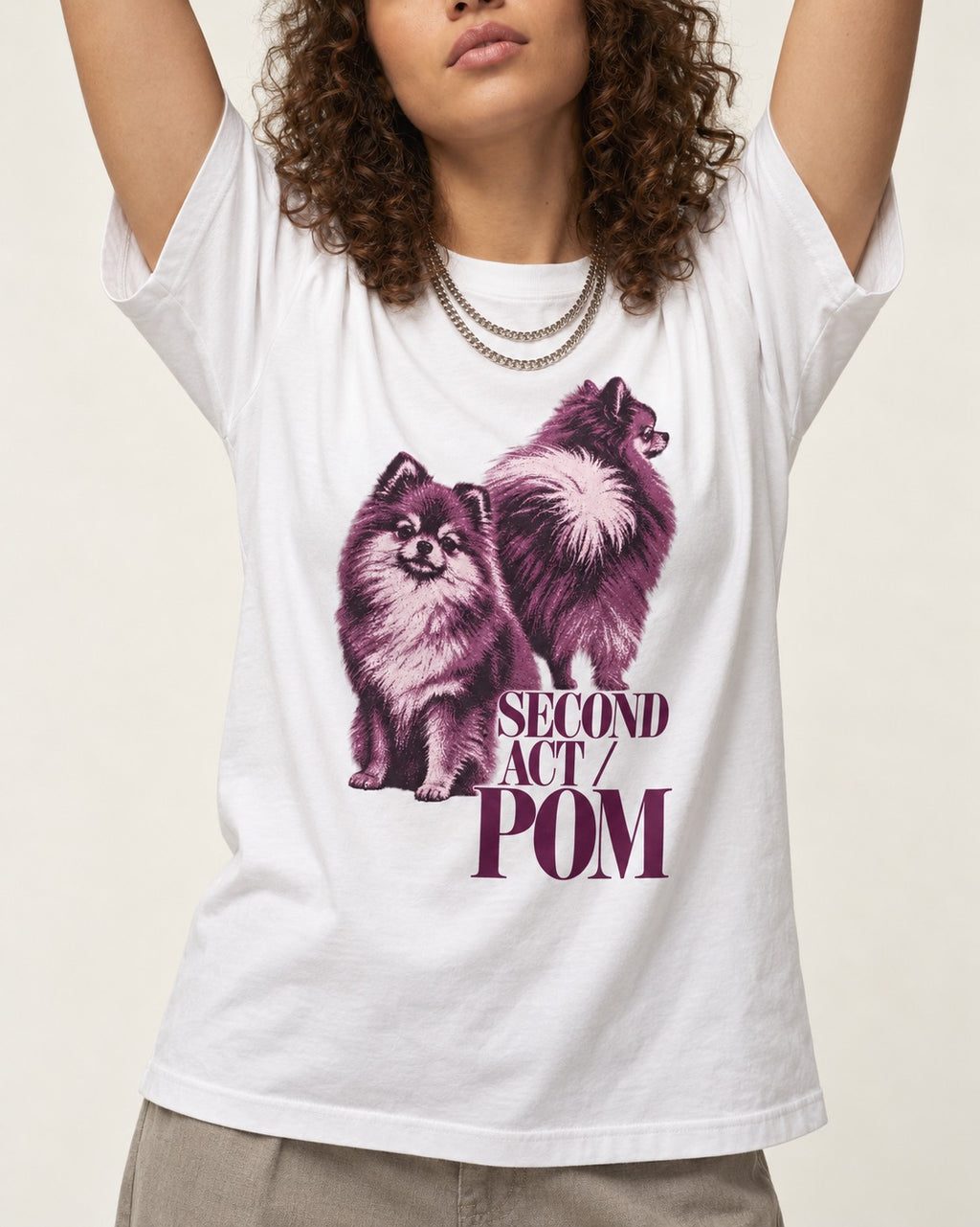 Second Act Pomeranian T-Shirt in White, worn by a model, front view