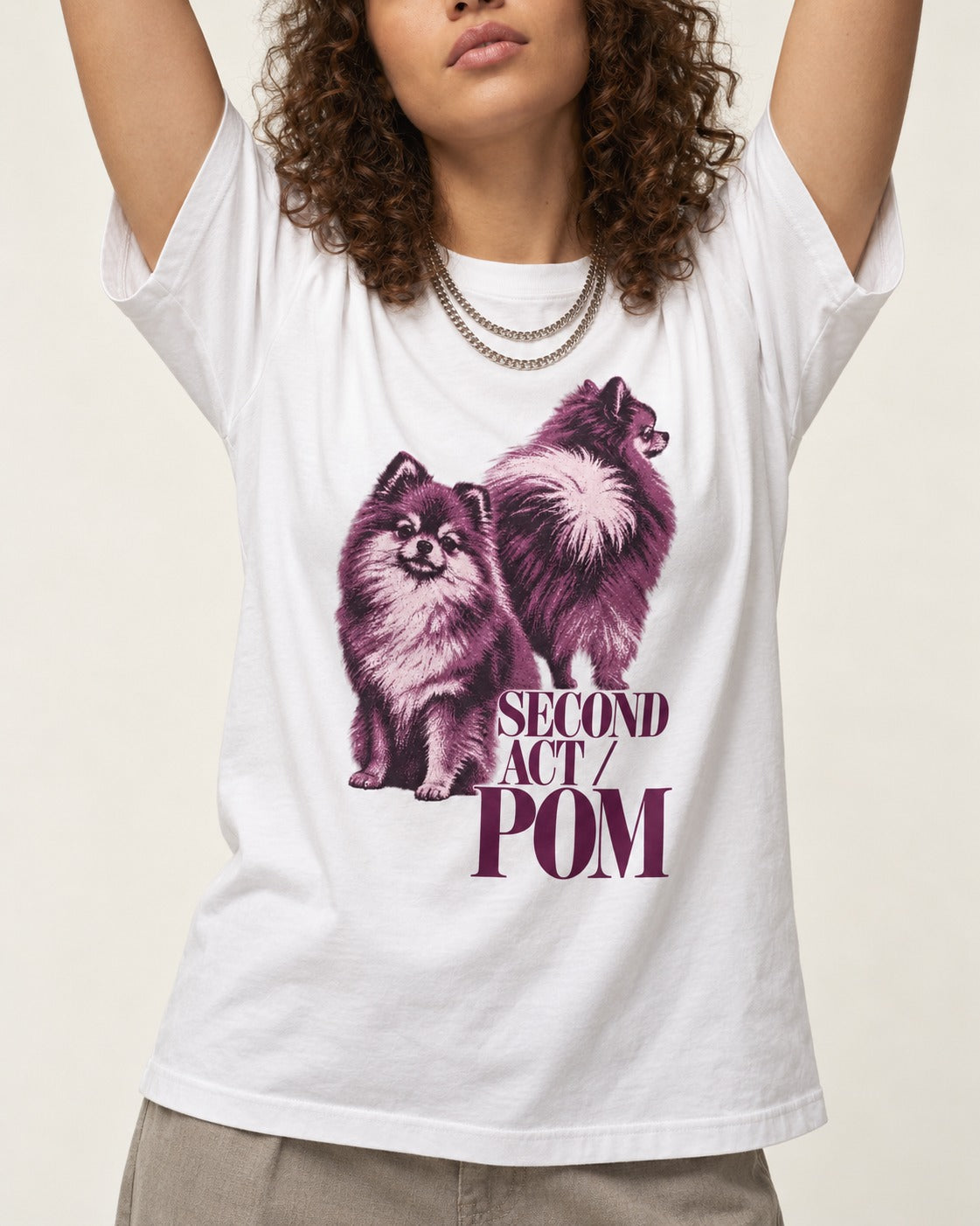 Second Act Pomeranian T-Shirt in White, worn by a model, front view
