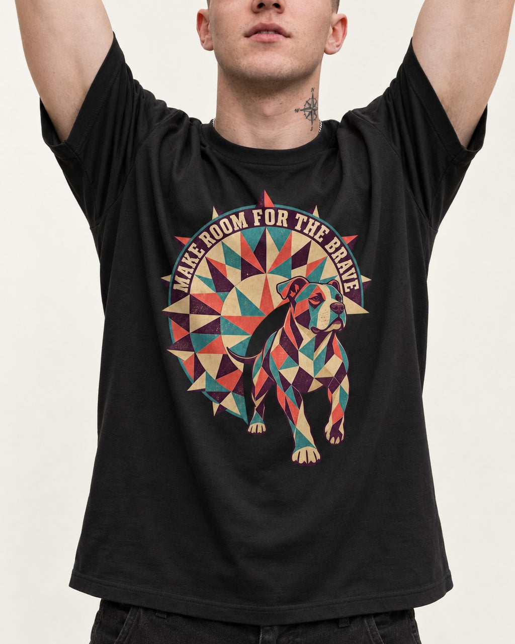 Pitbull Make Room for the Brave Mosaic Graphic T-Shirt in Black, worn by a model, front view