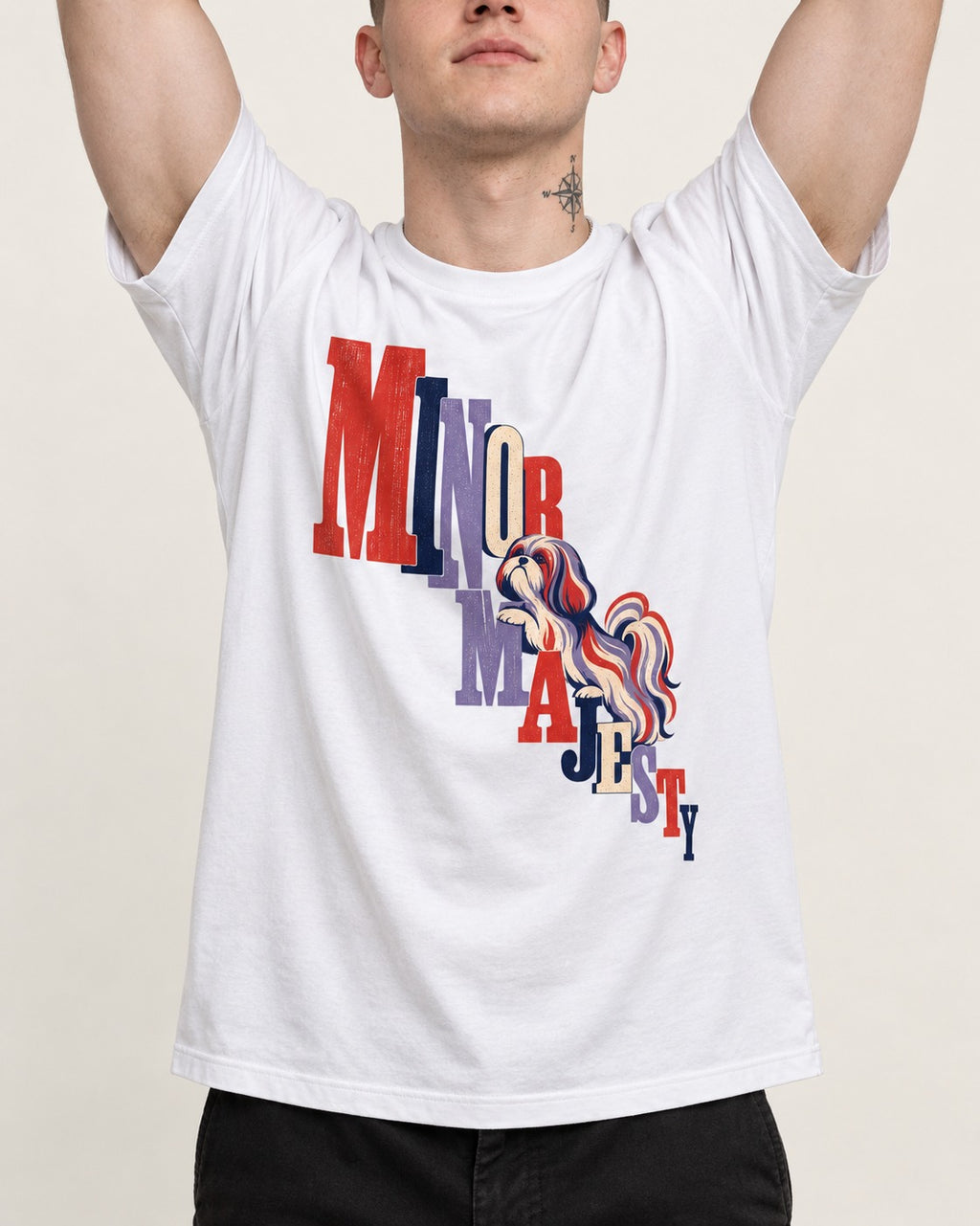 Shih Tzu Minor Majesty T-Shirt in White, worn by a model, front view