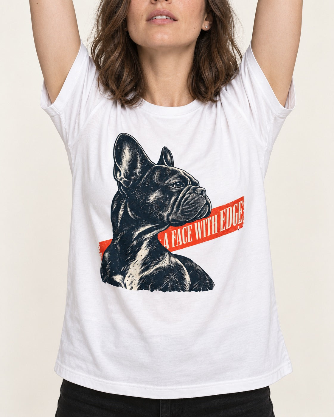 Frenchie Face with Edge T-Shirt in White, worn by a model, front view