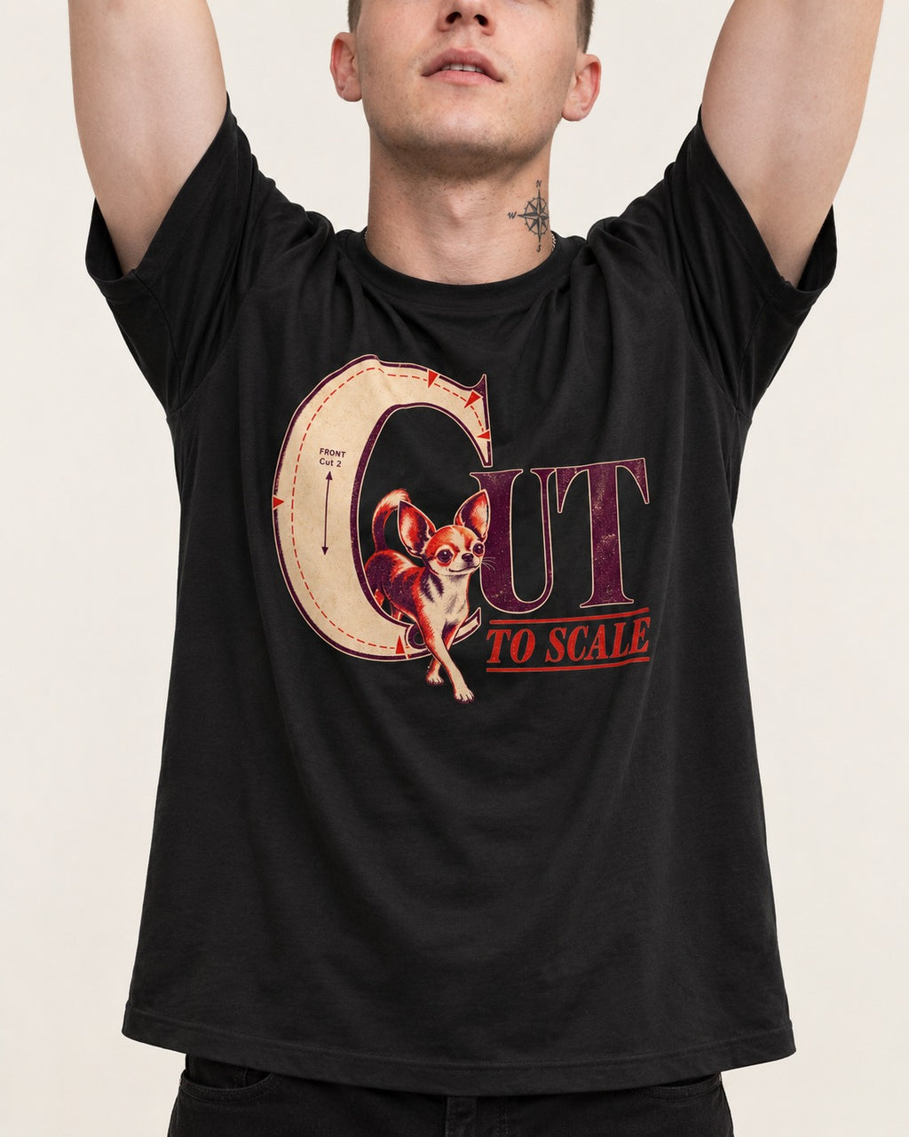 Chihuahua Cut to Scale Sewing Pattern Graphic T-Shirt in Black, worn by a model, front view
