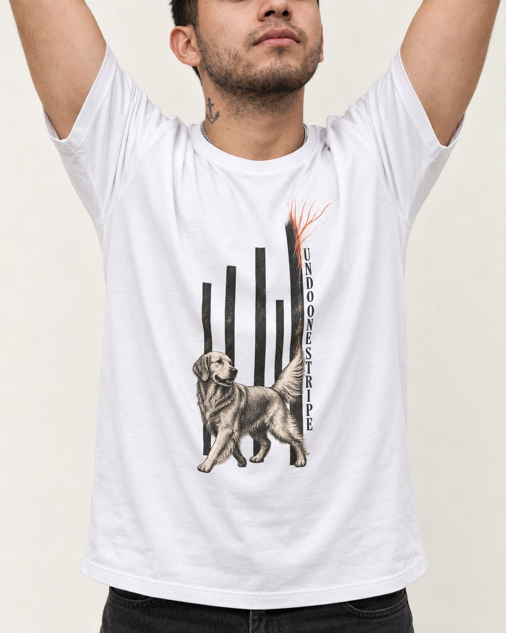 Undo One Stripe Golden Retriever T-Shirt in White, worn by a model, front view