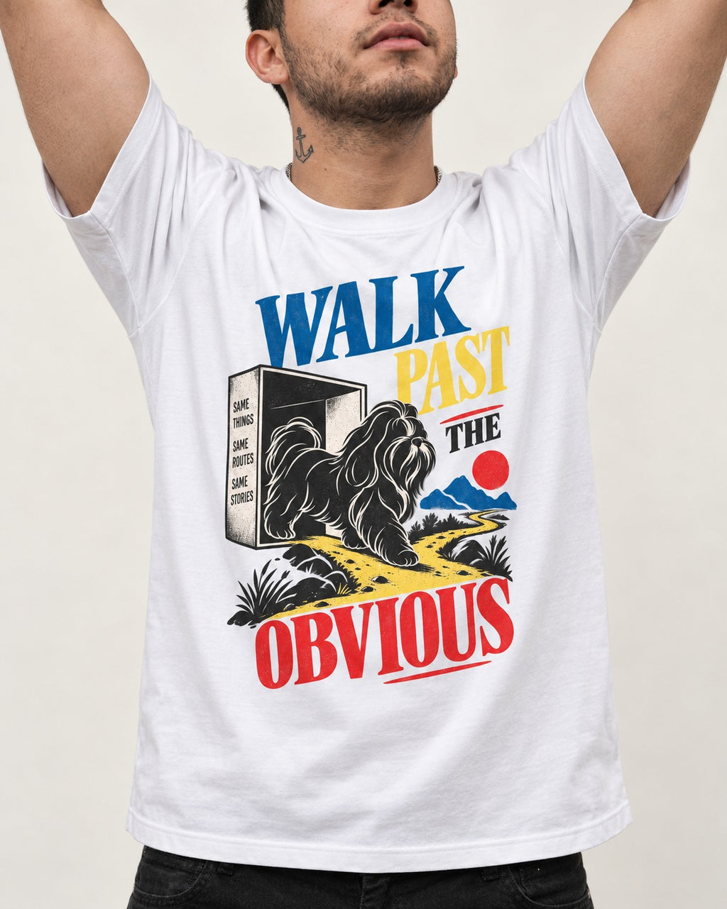 Shih Tzu Walk Past the Obvious T-Shirt in White, worn by a model, front view