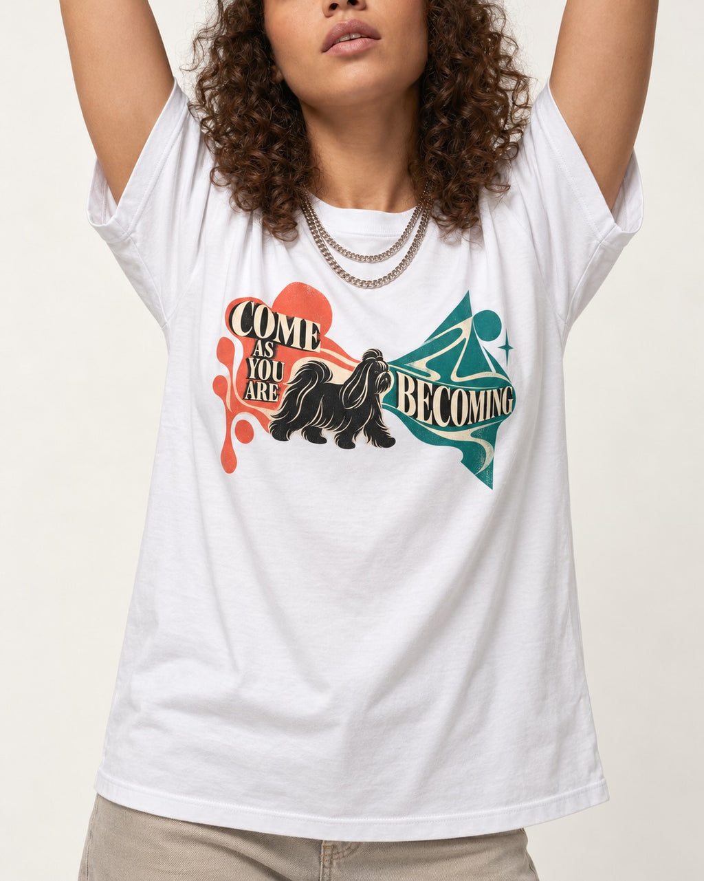 Come as You Are Shih Tzu T-Shirt in White, worn by a model, front view