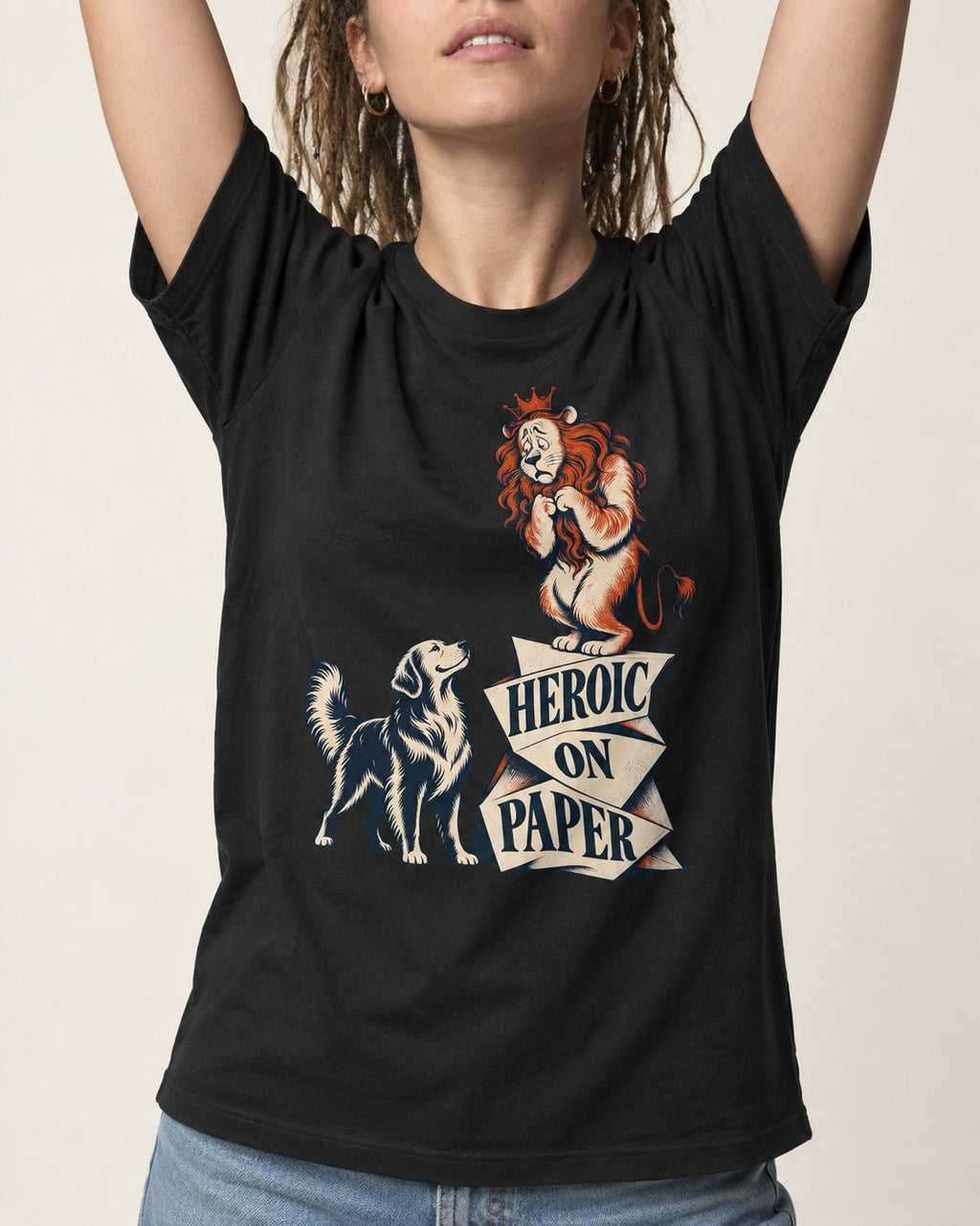 Golden Retriever Heroic on Paper Lion Graphic T-Shirt in Black, worn by a model, front view