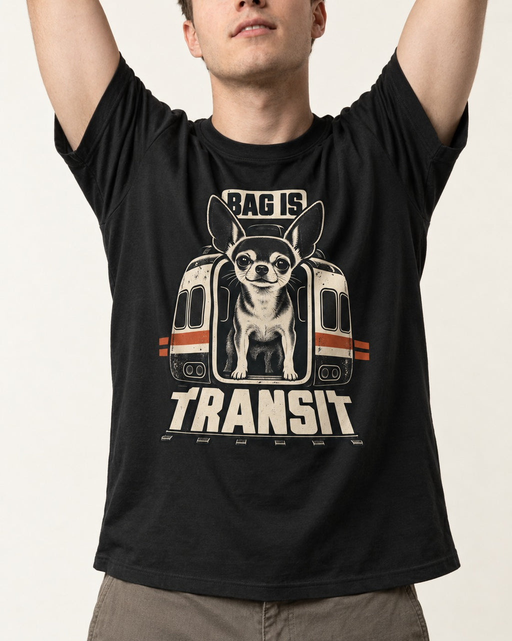 Chihuahua Bag Is Transit Train Front Graphic T-Shirt in Black, worn by a model, front view