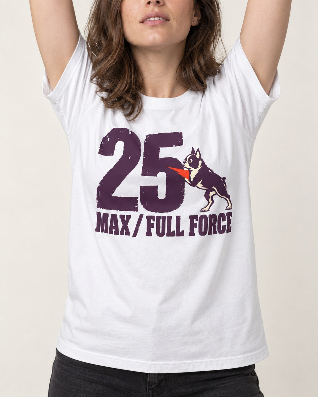 Boston Terrier Full Force T-Shirt in White, worn by a model, front view
