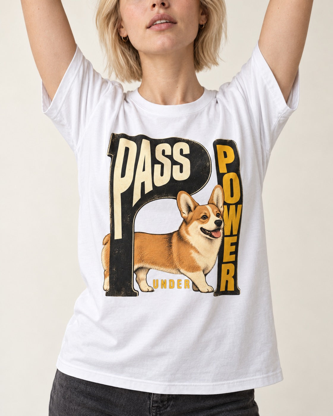 Corgi Power T-Shirt in White, worn by a model, front view