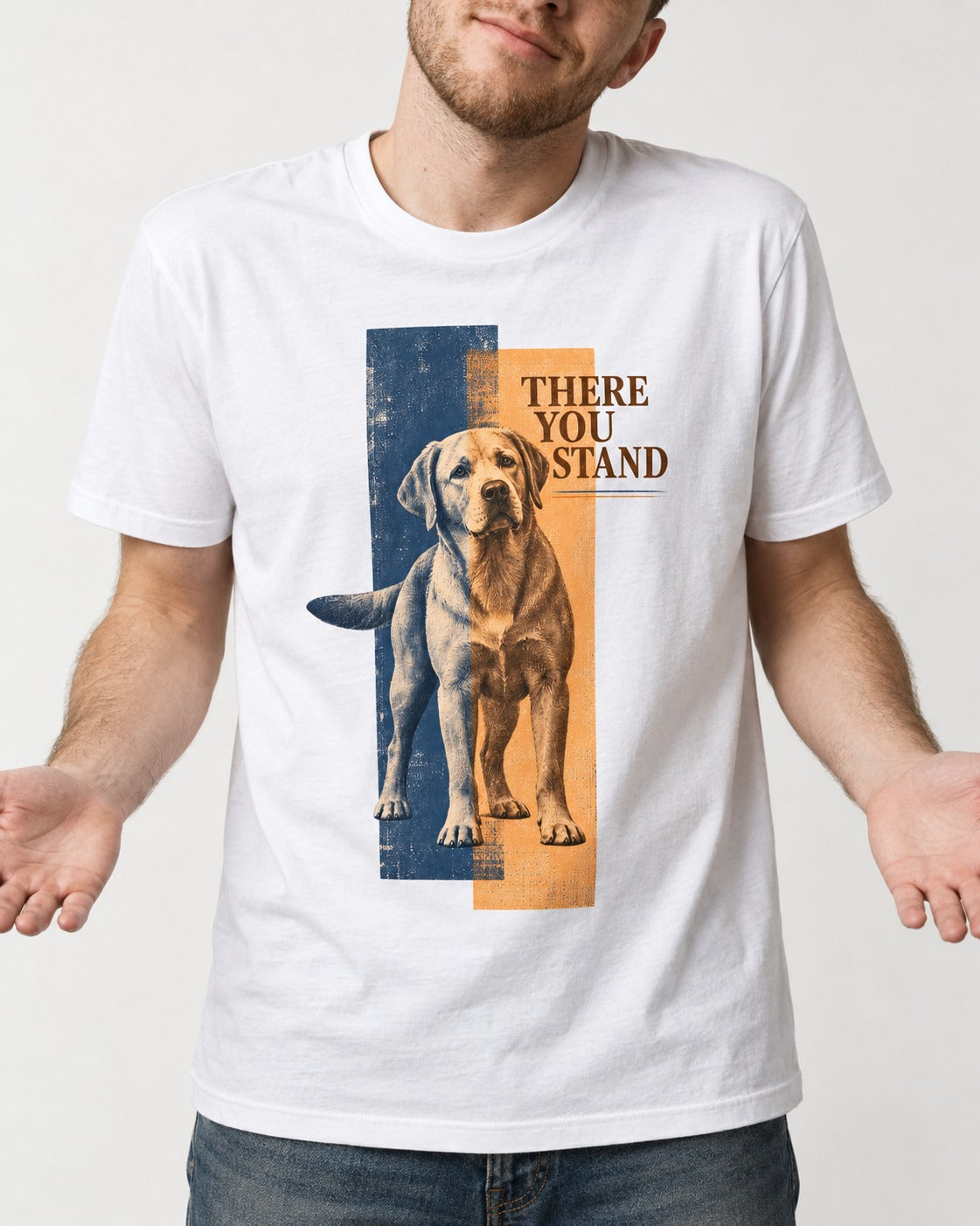 There You Stand Labrador Retriever T-Shirt in White, worn by a model, front view