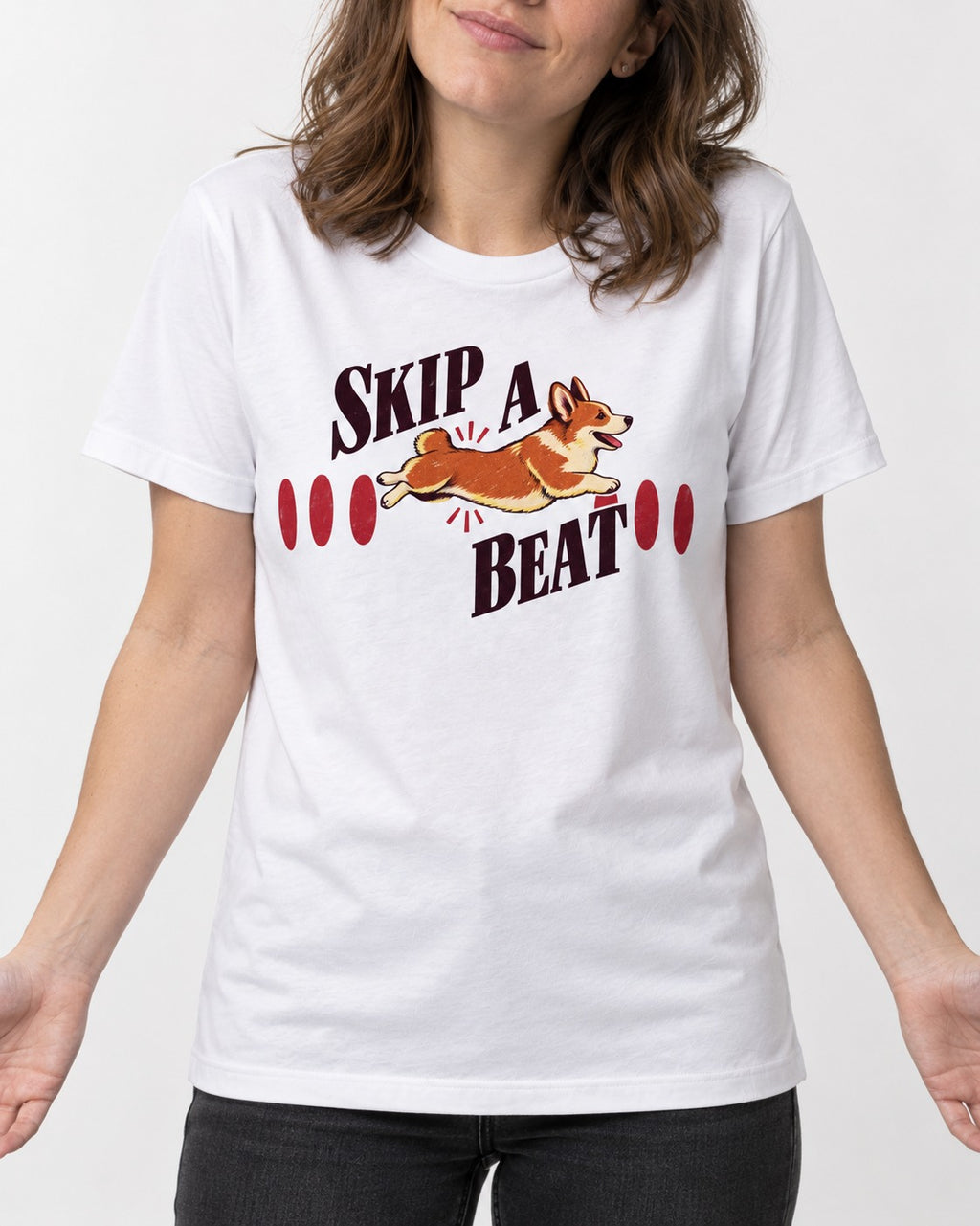 Skip a Beat Corgi T-Shirt in White, worn by a model, front view