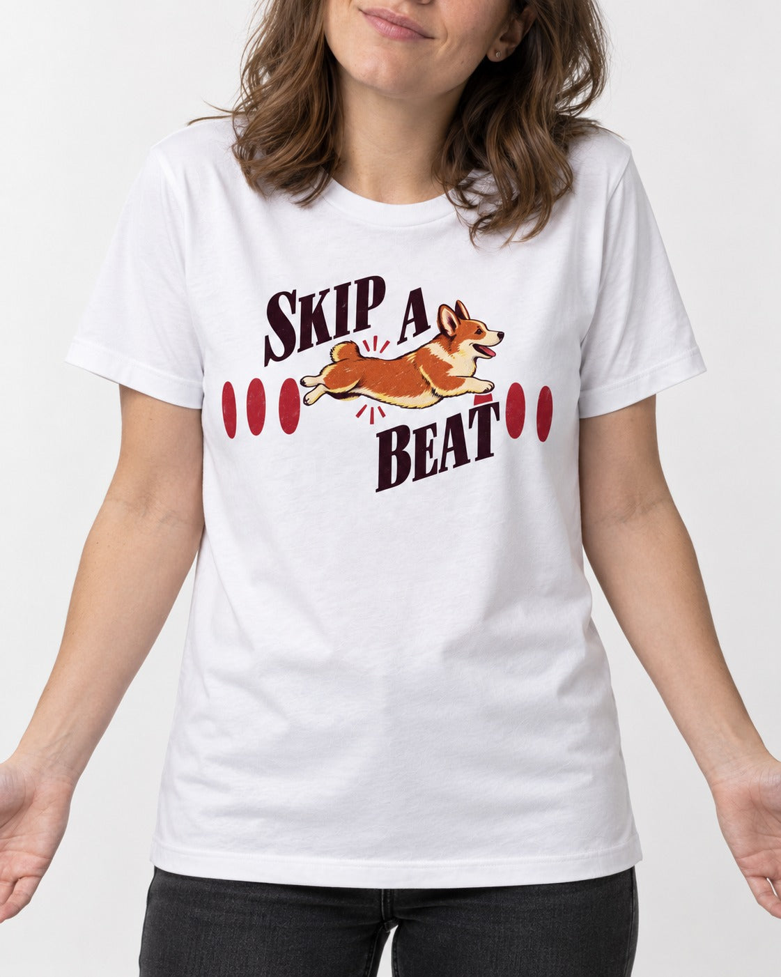 Skip a Beat Corgi T-Shirt in White, worn by a model, front view