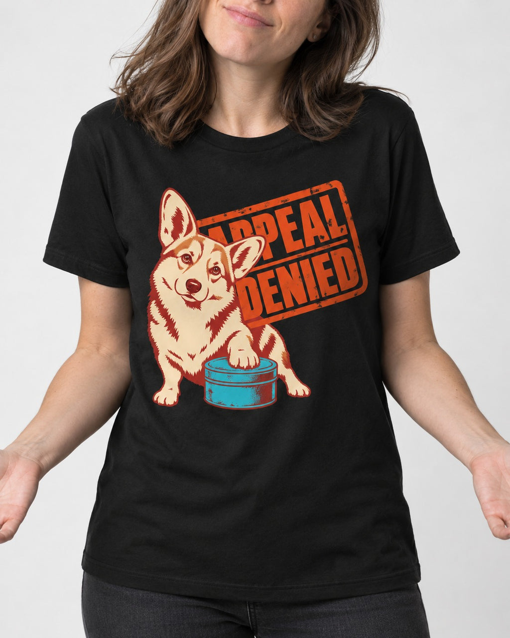 Corgi Appeal Denied Treat Tin T-Shirt in Black, worn by a model, front view