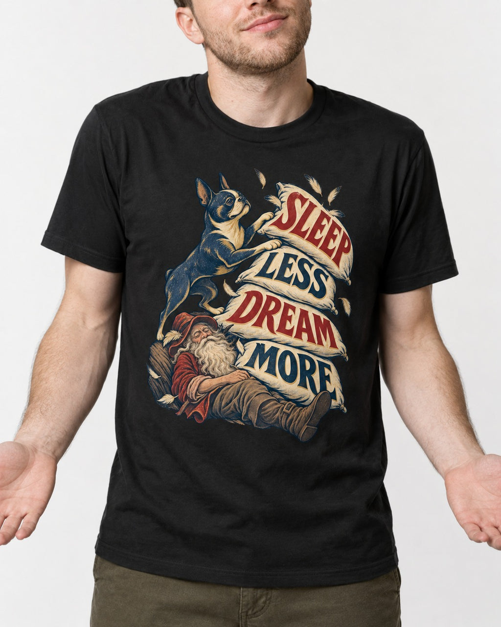 Boston Terrier Sleep Less Dream More T-Shirt in Black, worn by a model, front view
