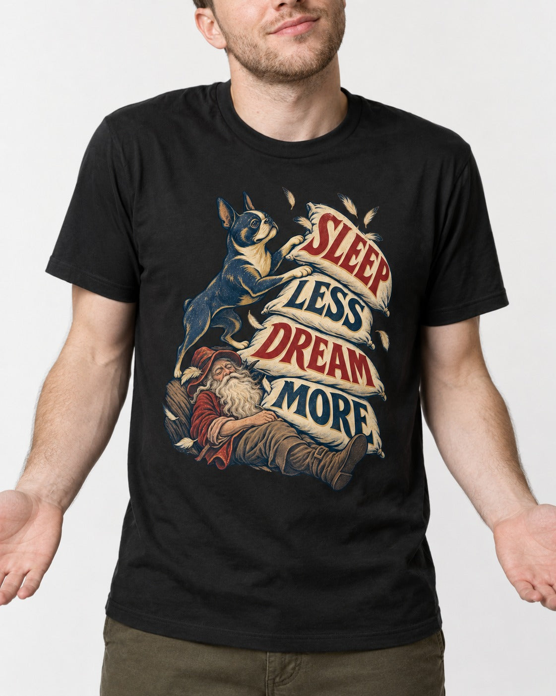 Boston Terrier Sleep Less Dream More T-Shirt in Black, worn by a model, front view