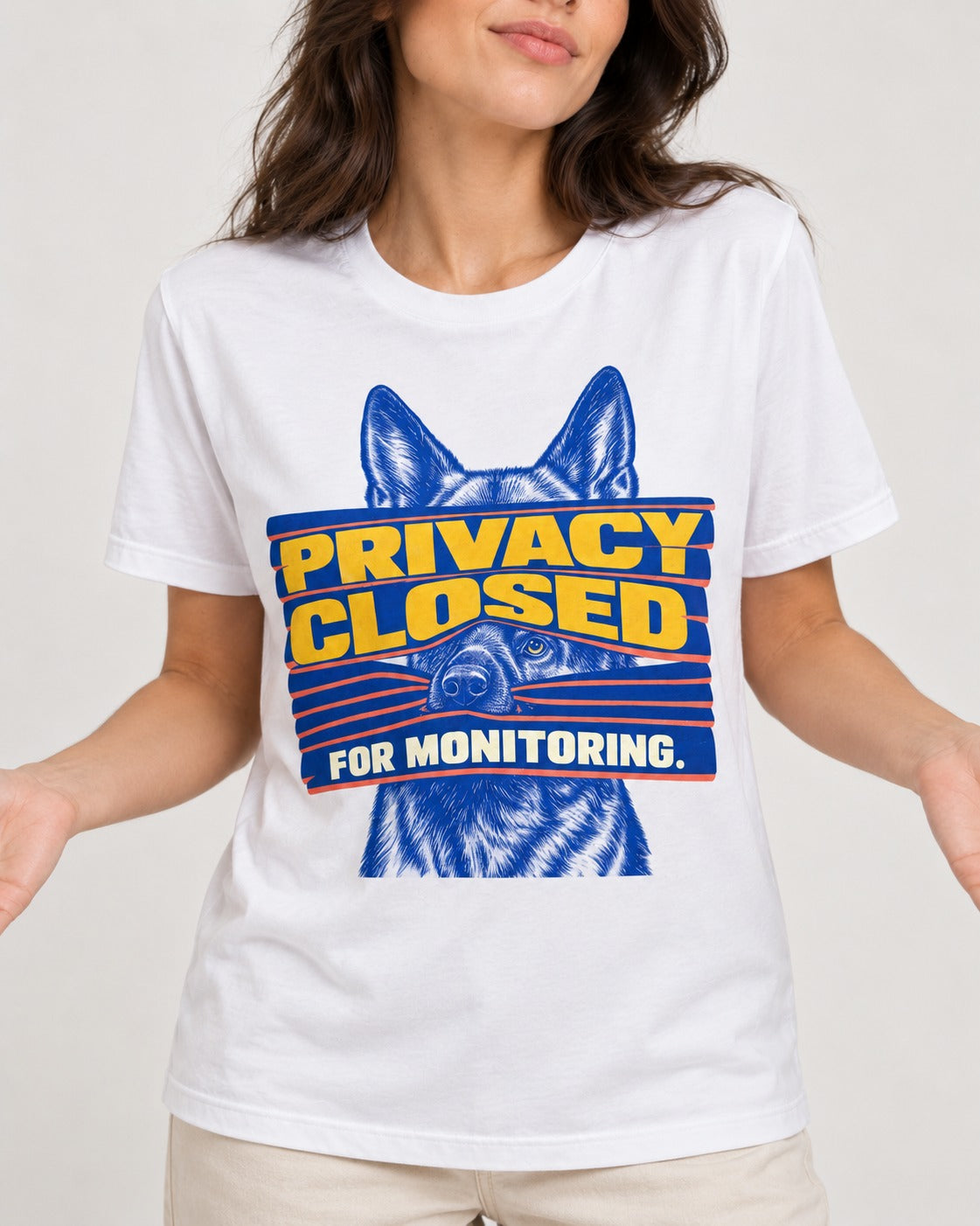 German Shepherd Dog Privacy Closed for Monitoring T-Shirt in White, worn by a model, front view