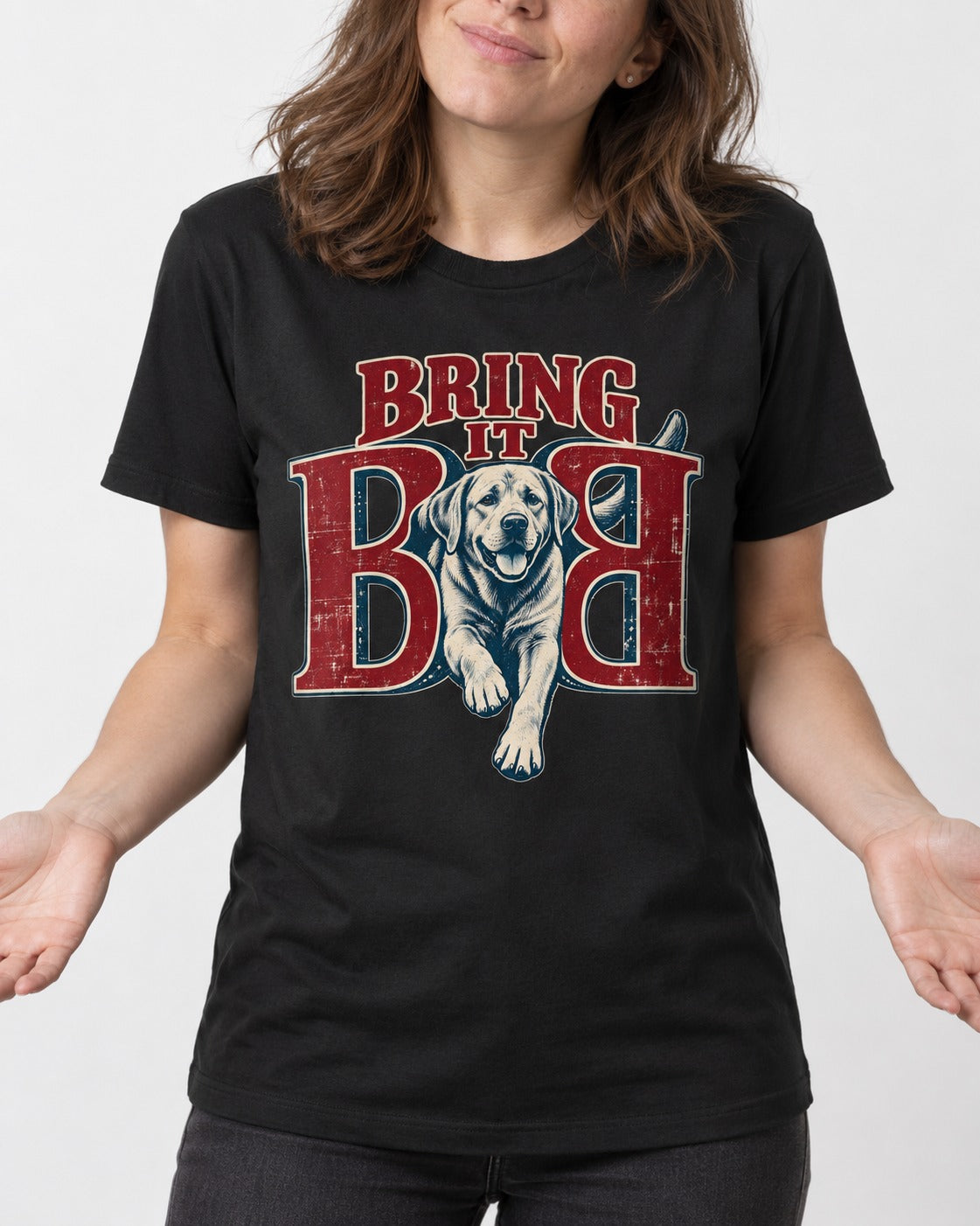 Labrador Retriever Bring It Opposing B Portrait Graphic T-Shirt in Black, worn by a model, front view