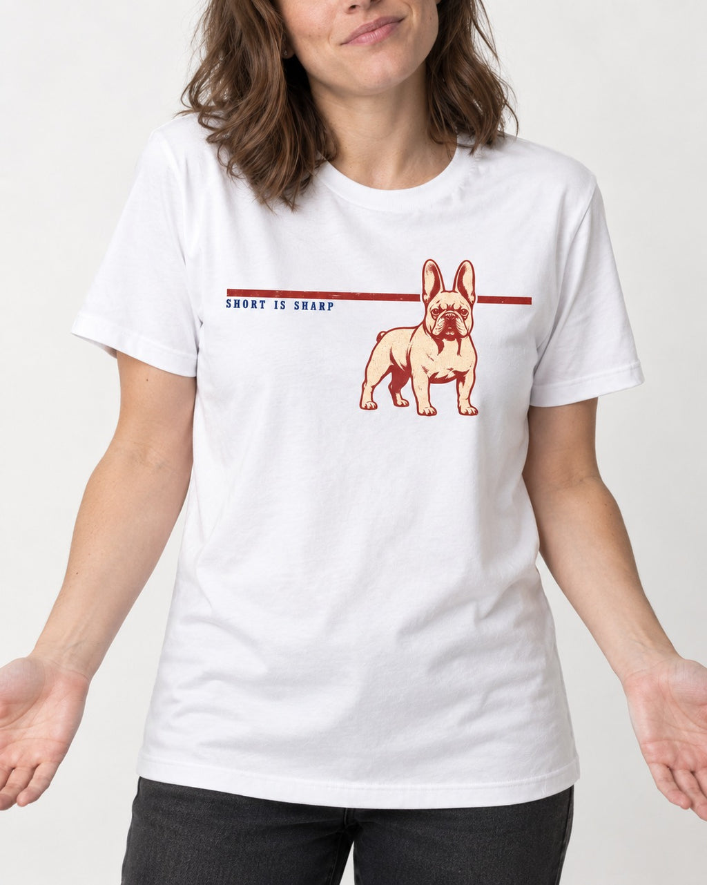 Short Is Sharp Frenchie T-Shirt in White, worn by a model, front view