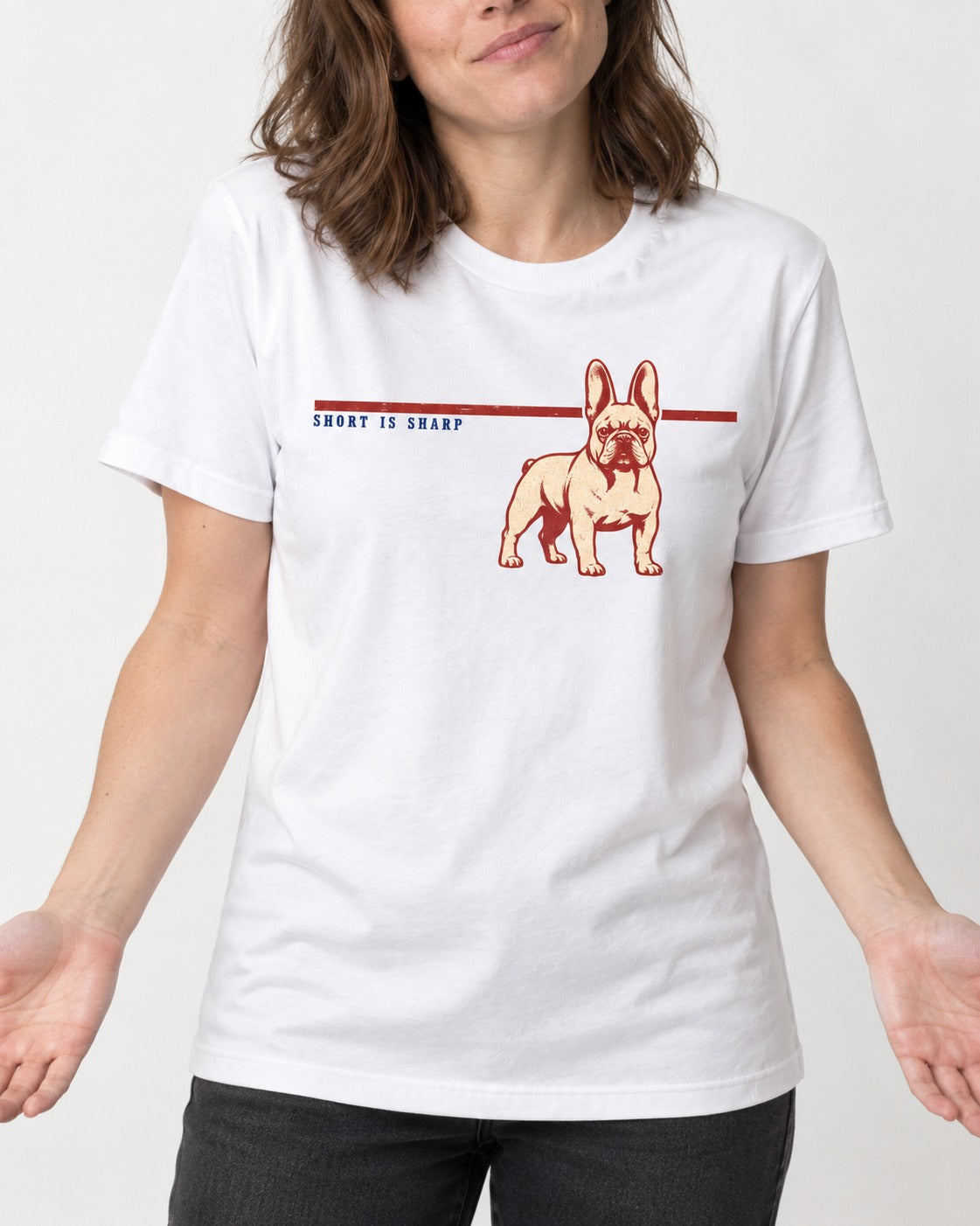 Short Is Sharp Frenchie T-Shirt in White, worn by a model, front view