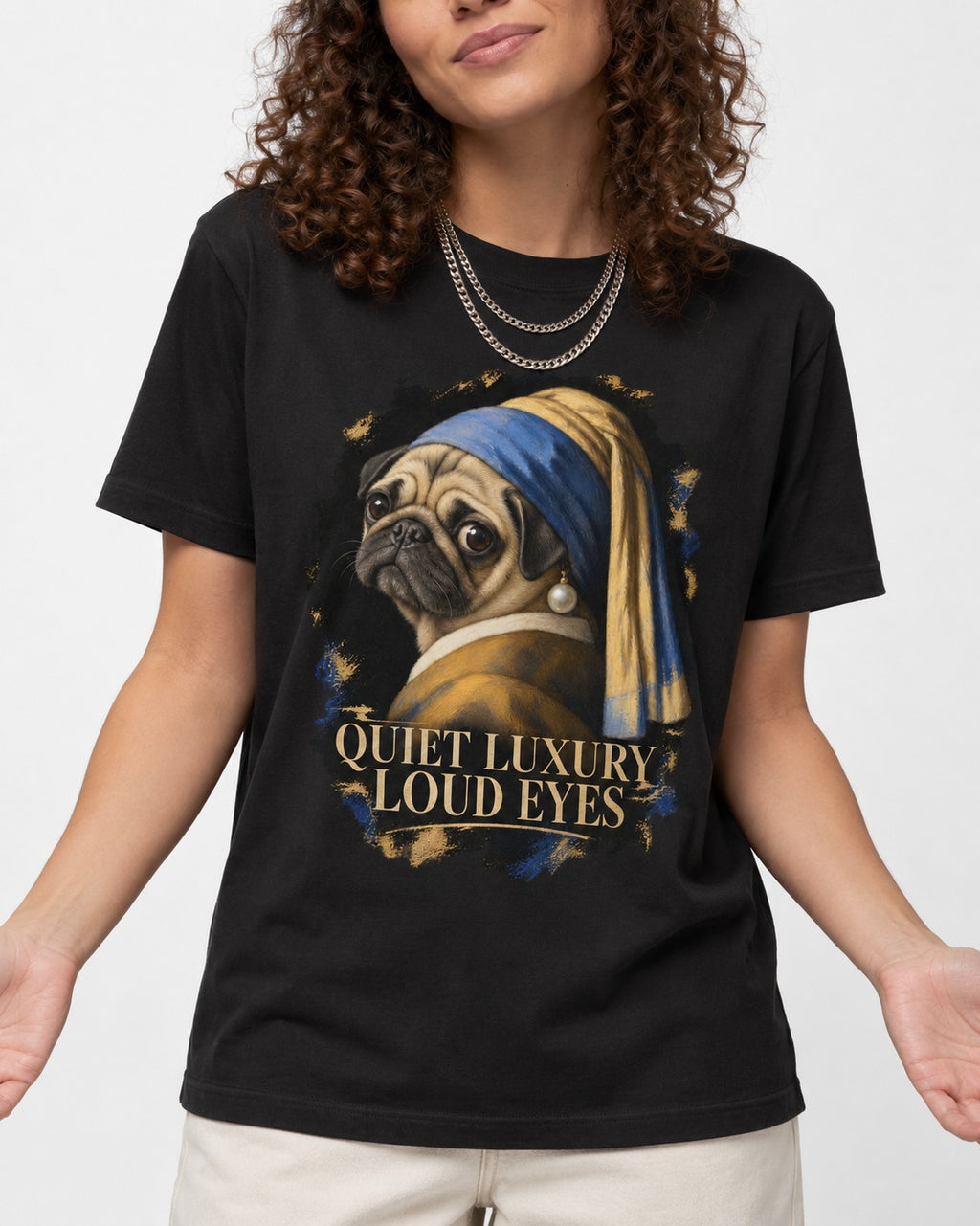 Pug Quiet Luxury Loud Eyes Pearl Portrait Graphic T-Shirt in Black, worn by a model, front view