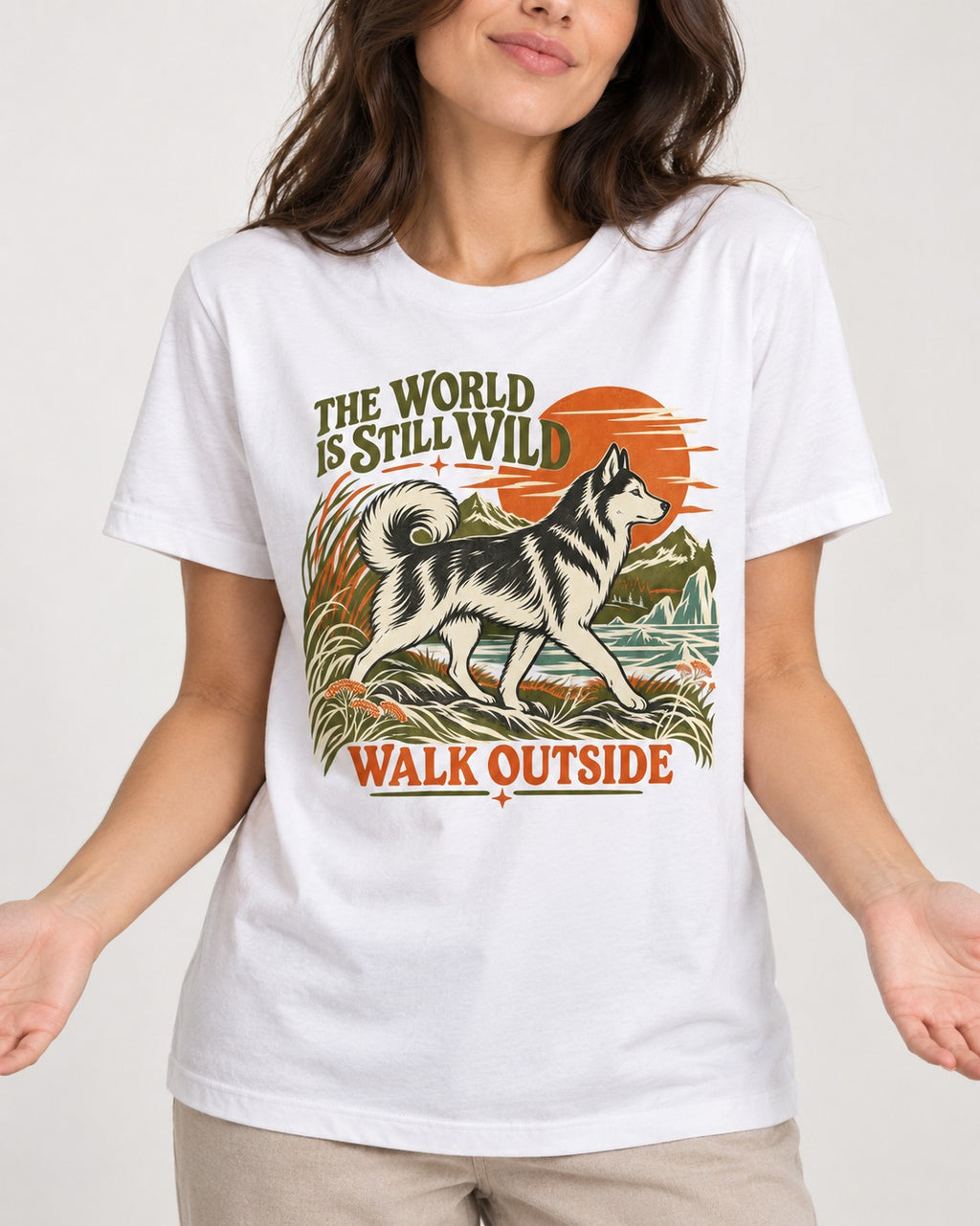 Walk Outside with Husky T-Shirt in White, worn by a model, front view