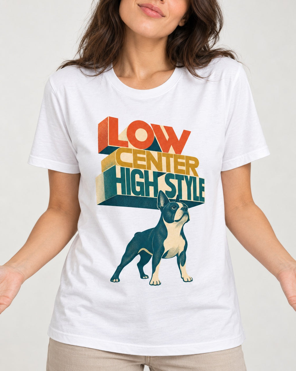 Low Center Boston Terrier T-Shirt in White, worn by a model, front view
