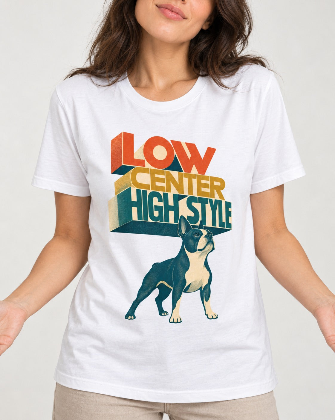 Low Center Boston Terrier T-Shirt in White, worn by a model, front view