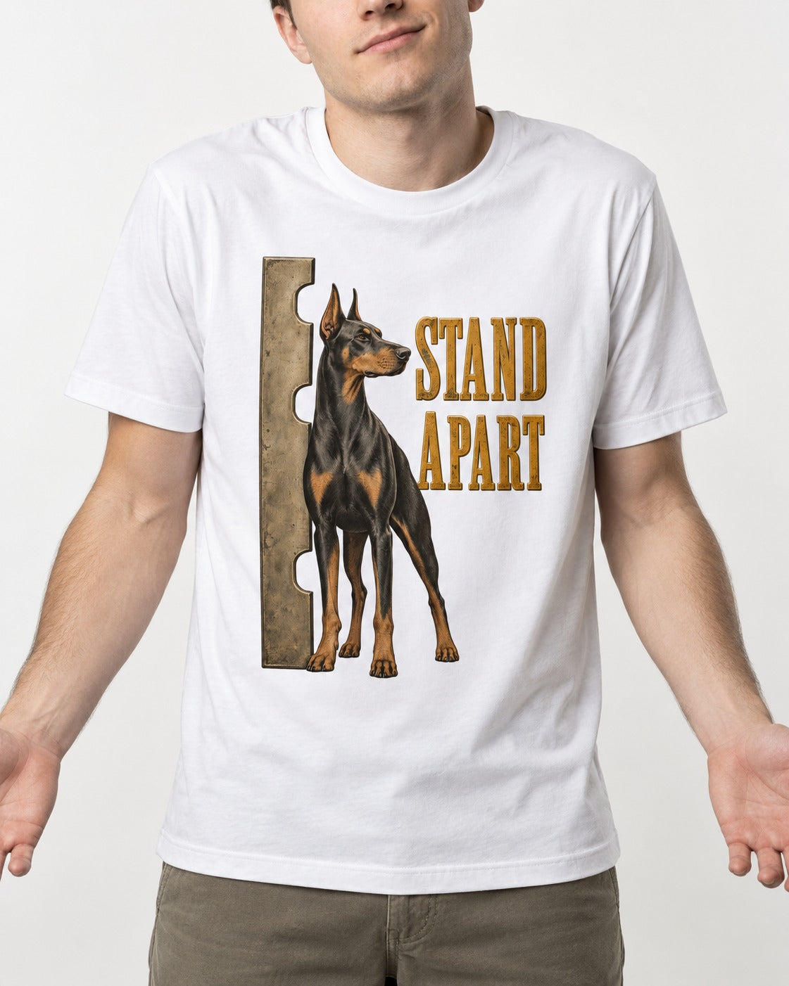 Doberman Stand Apart T-Shirt in White, worn by a model, front view