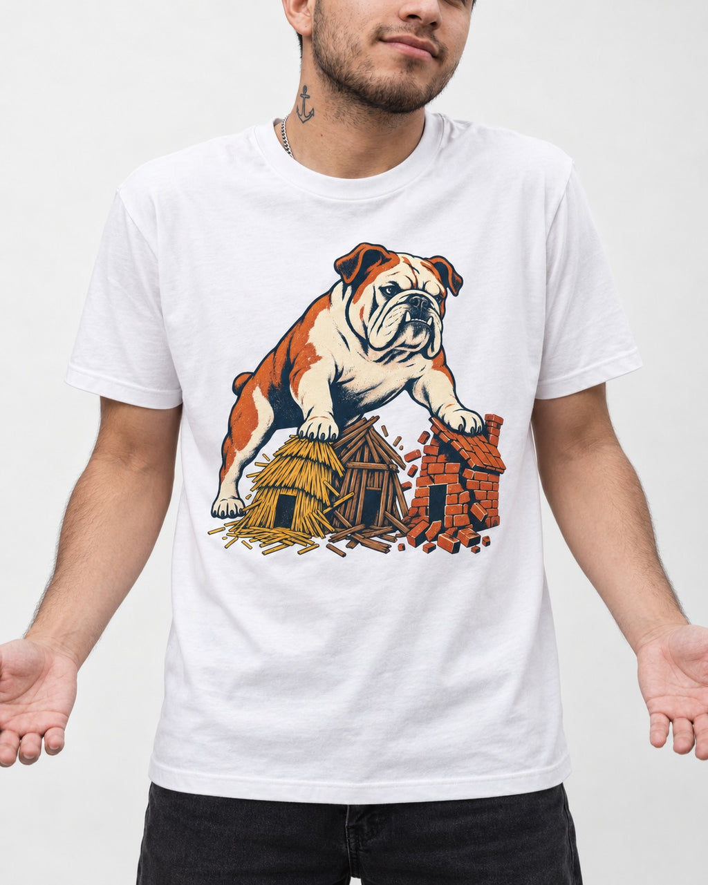 English Bulldog Huff and Puff T-Shirt in White, worn by a model, front view