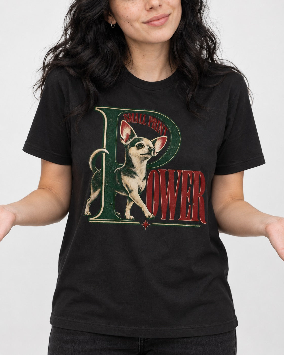 Chihuahua Small Print Power Monogram Graphic T-Shirt in Black, worn by a model, front view