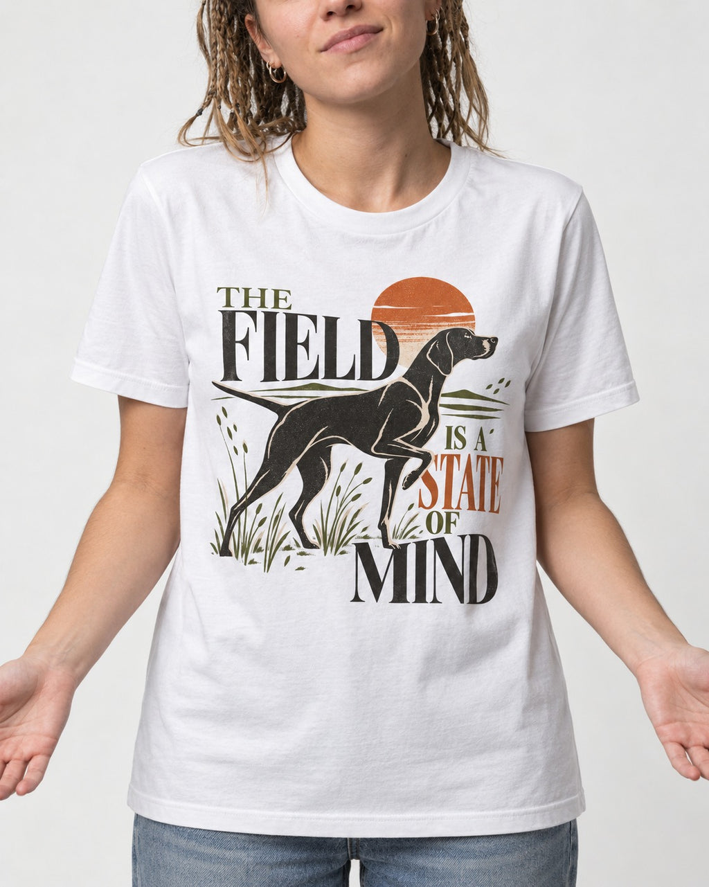 German Shorthaired Pointer Field State of Mind T-Shirt in White, worn by a model, front view