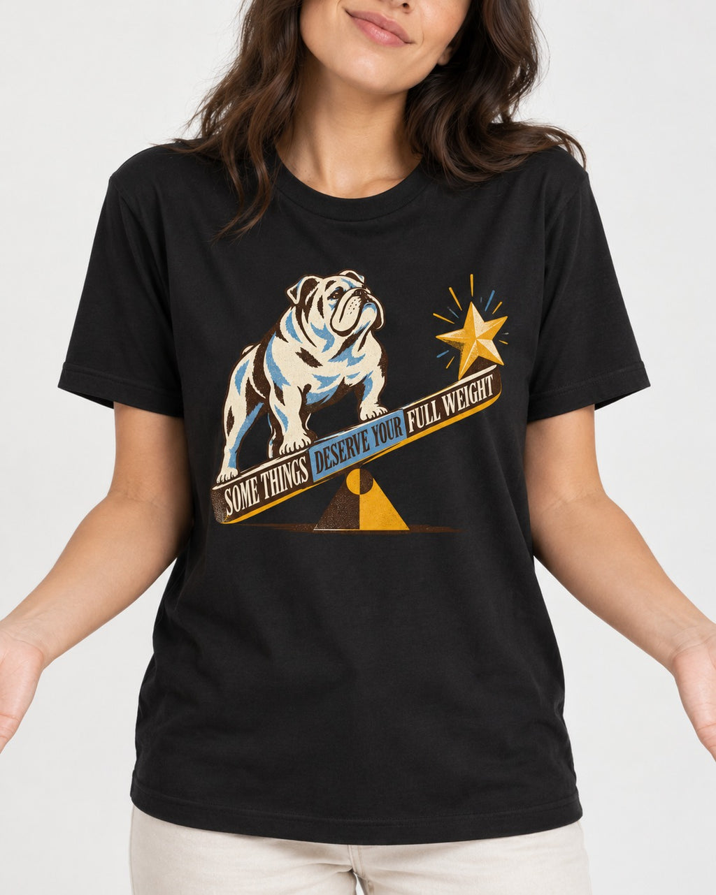Some Things Deserve Your Full Weight English Bulldog Graphic T-Shirt in Black, worn by a model, front view