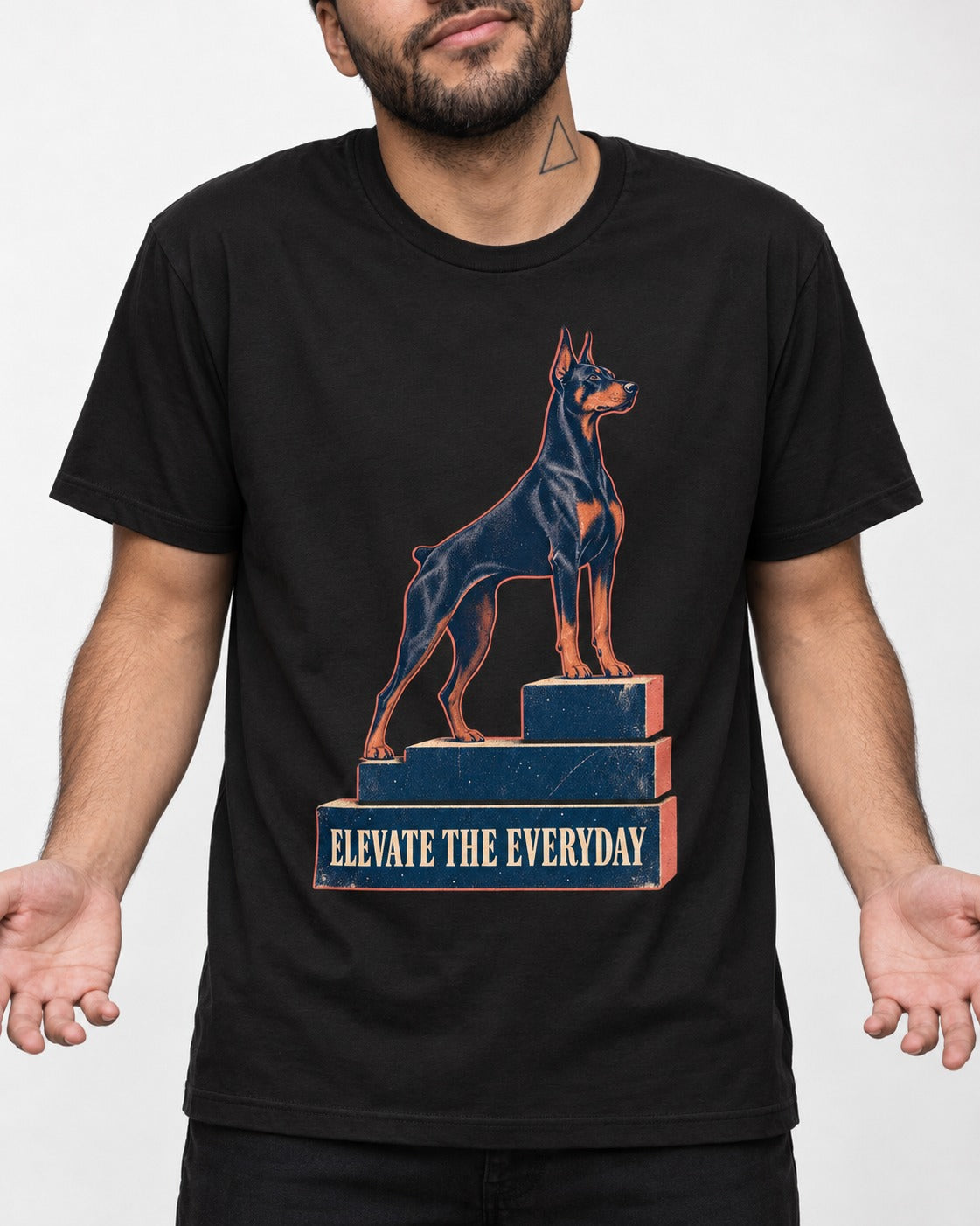 Doberman Elevate the Everyday Podium Graphic T-Shirt in Black, worn by a model, front view