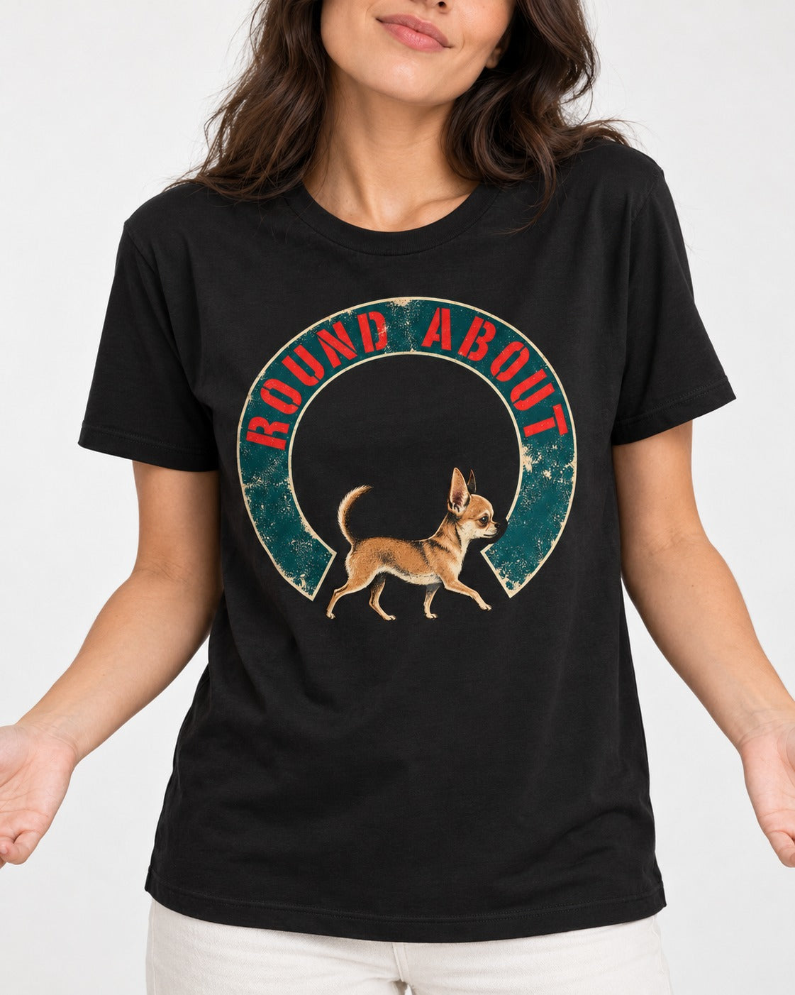 Round About Chihuahua Emblem Graphic T-Shirt in Black, worn by a model, front view