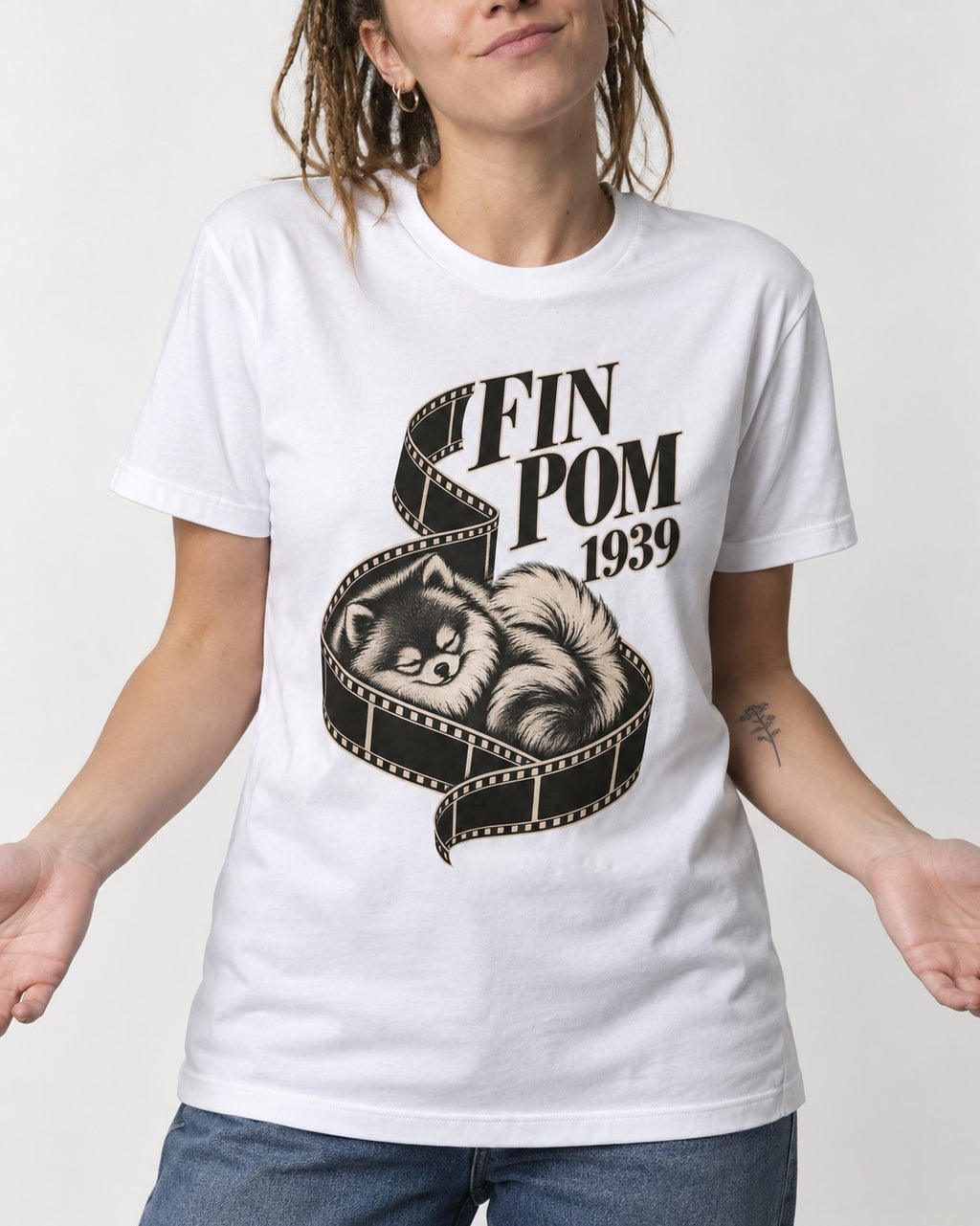 Fin Pomeranian T-Shirt in White, worn by a model, front view