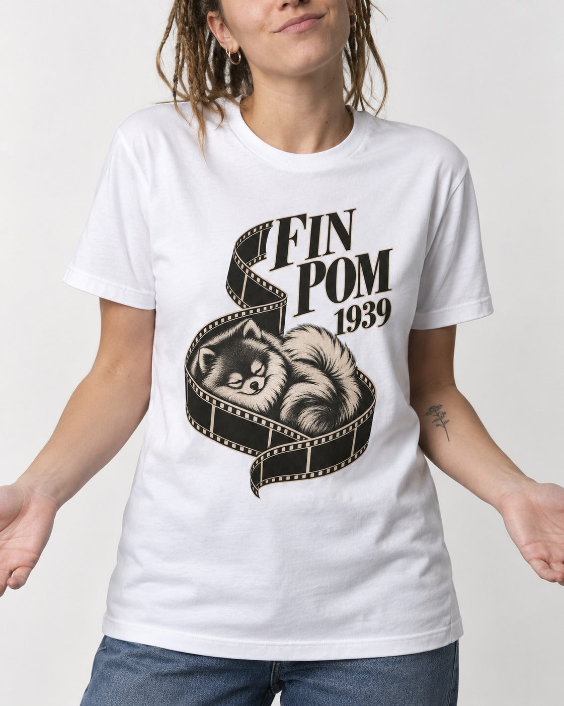 Fin Pomeranian T-Shirt in White, worn by a model, front view