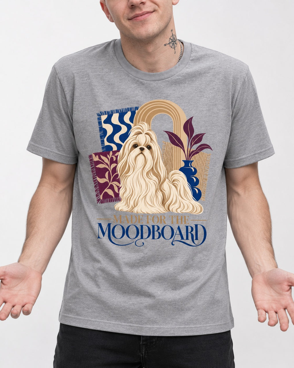 Shih Tzu Made for the Moodboard Boho Interior Graphic T-Shirt in Sport Grey, worn by a model, front view