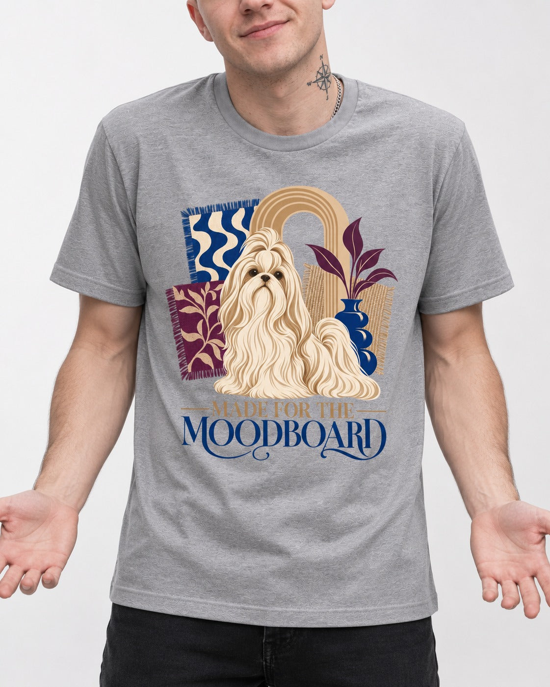 Shih Tzu Made for the Moodboard Boho Interior Graphic T-Shirt in Sport Grey, worn by a model, front view