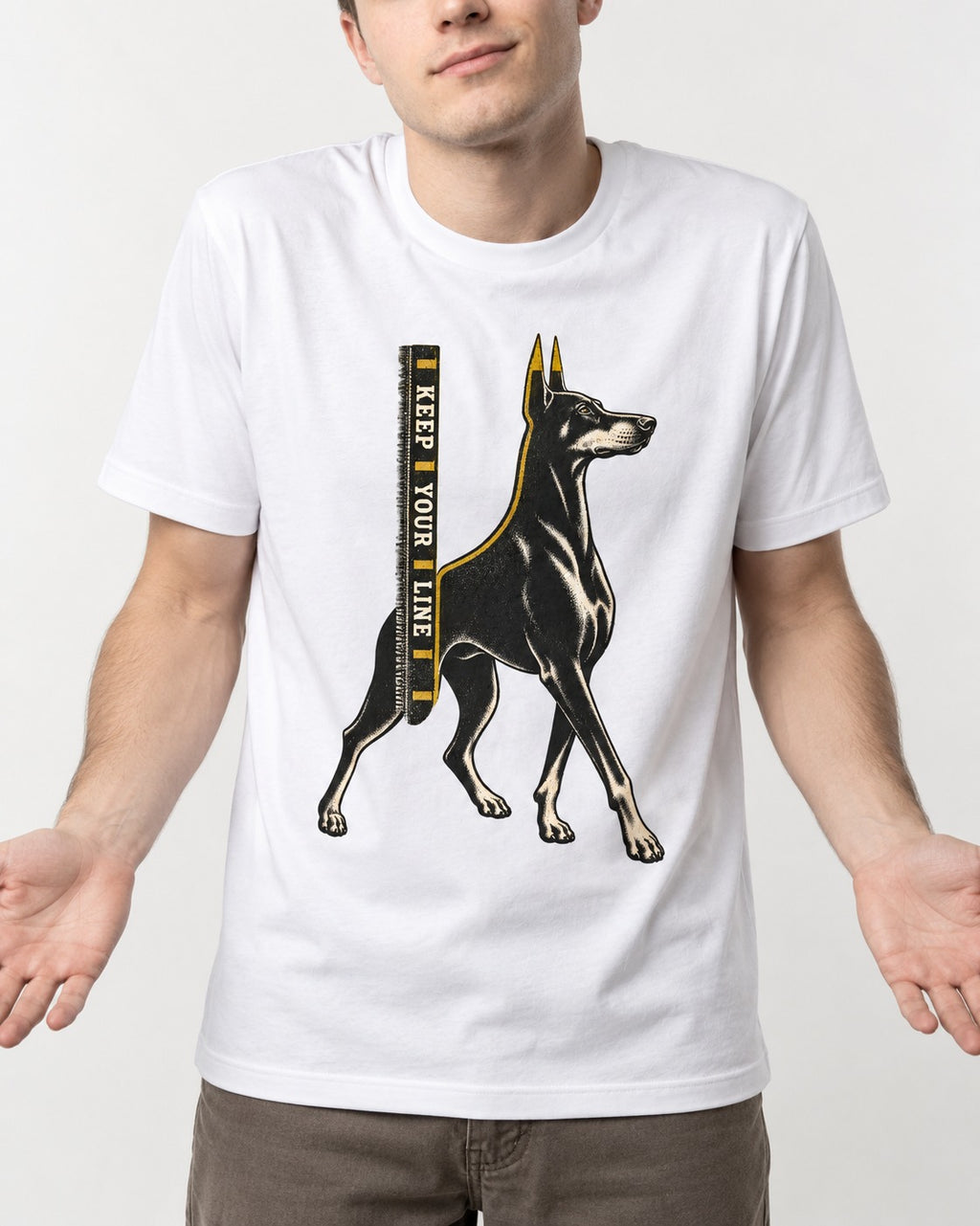 Keep Your Line Doberman T-Shirt in White, worn by a model, front view