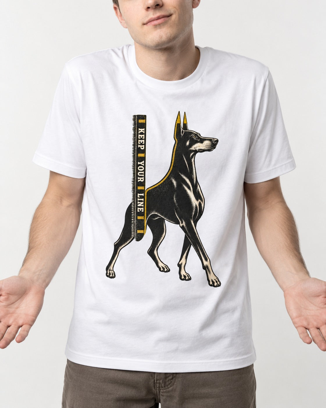 Keep Your Line Doberman T-Shirt in White, worn by a model, front view