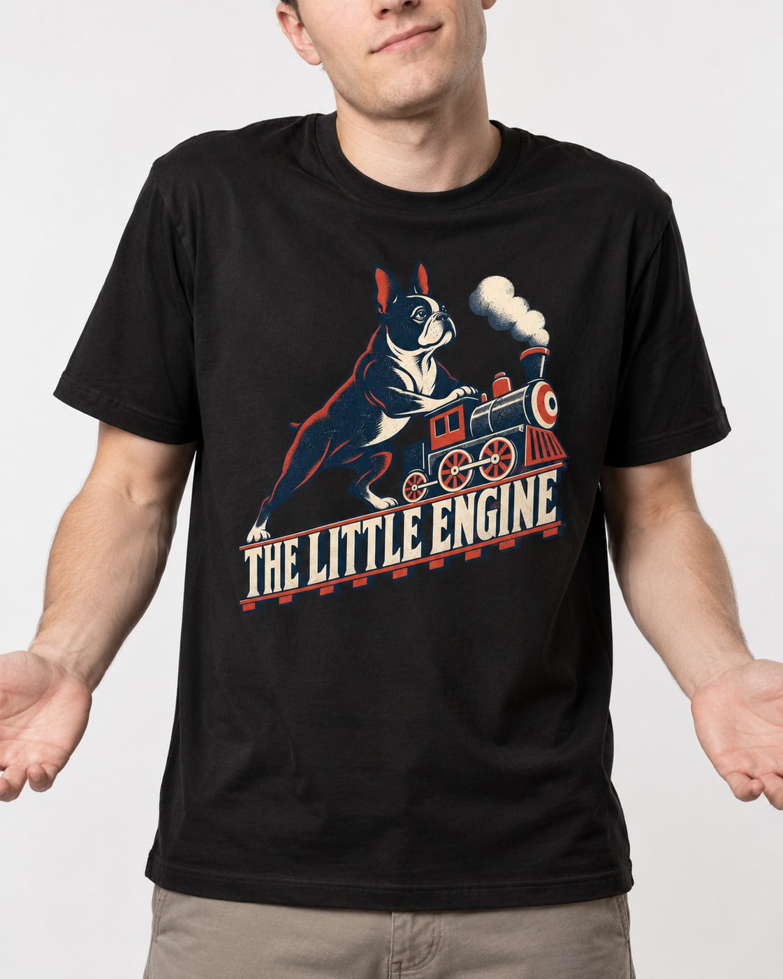 Boston Terrier The Little Engine T-Shirt in Black, worn by a model, front view