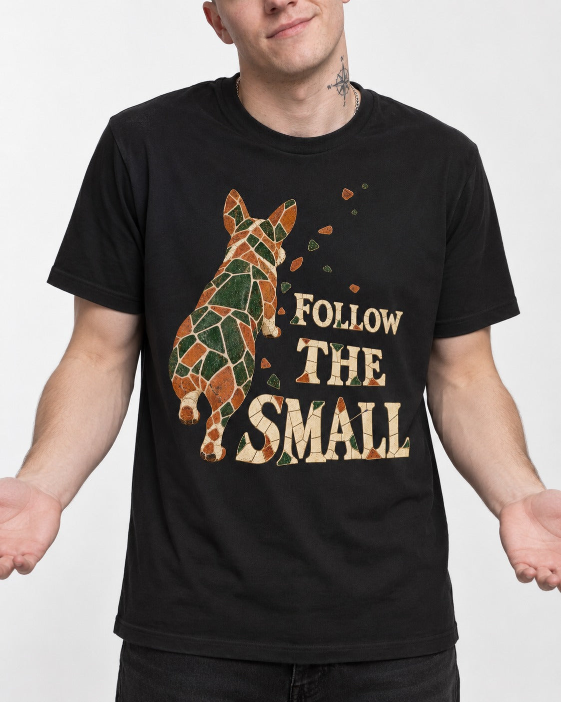 Corgi Follow the Small Mosaic T-Shirt in Black, worn by a model, front view