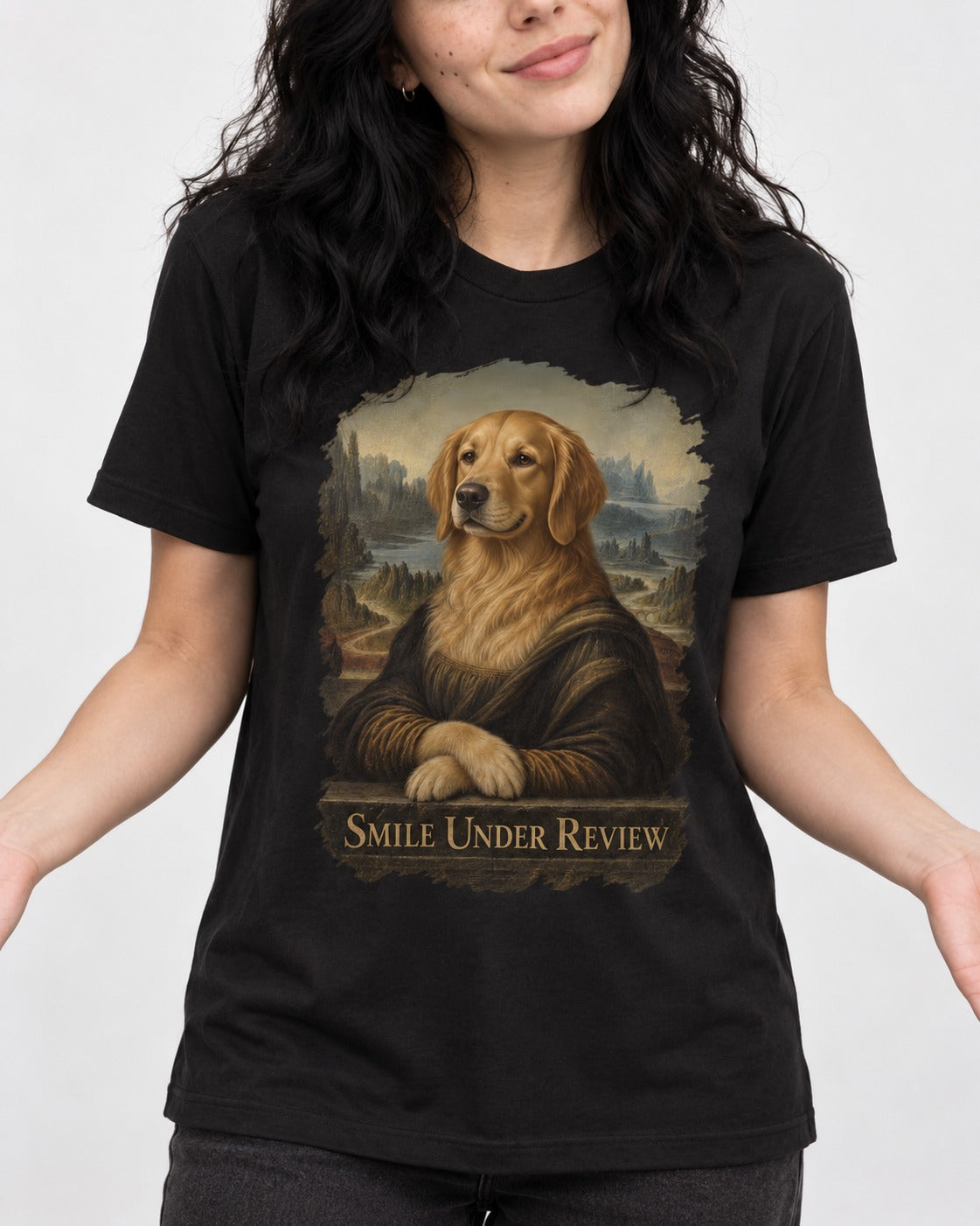 Smile Under Review Renaissance Portrait Golden Retriever Graphic T-Shirt in Black, worn by a model, front view