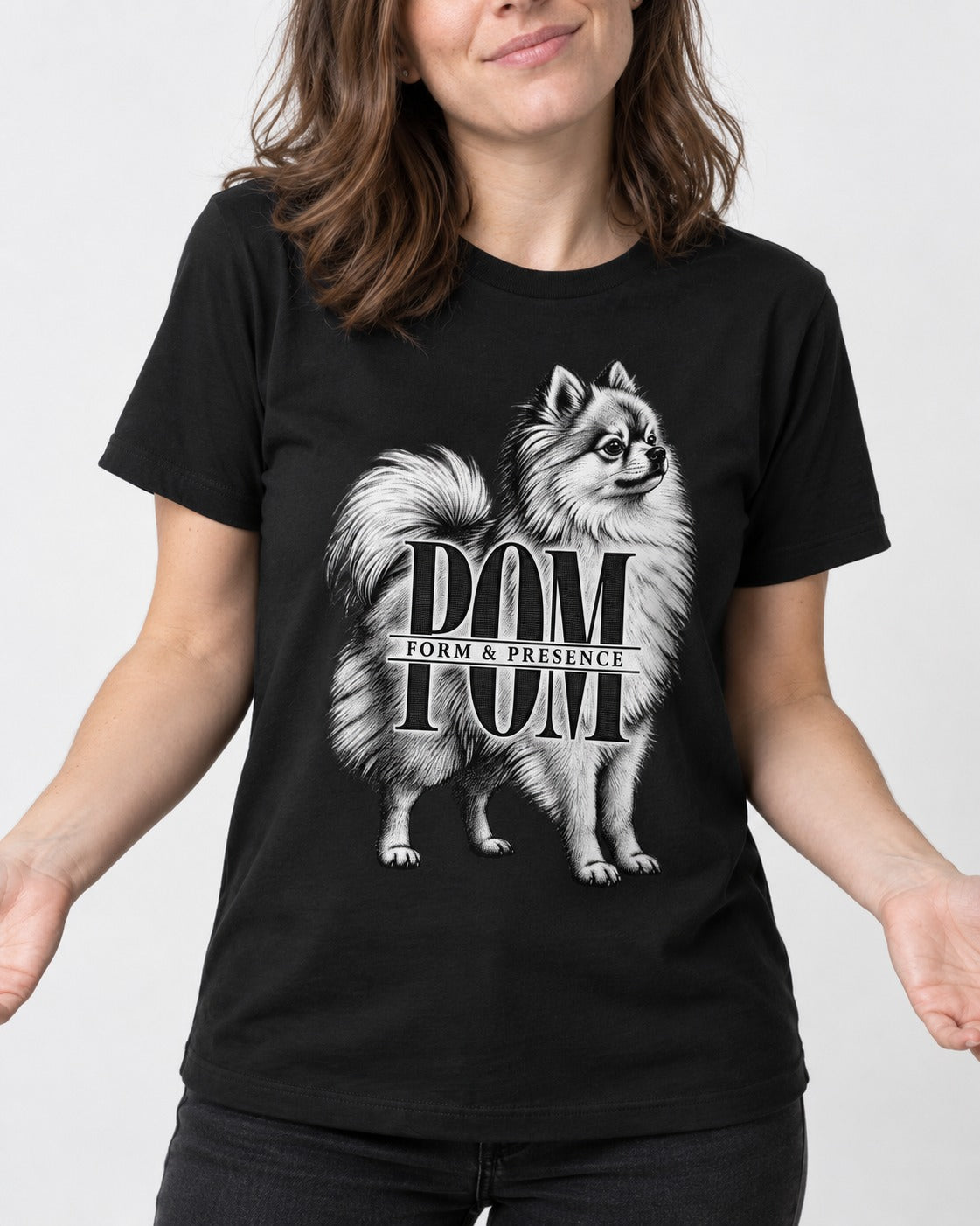 Pomeranian Form and Presence Monogram Graphic T-Shirt in Black, worn by a model, front view