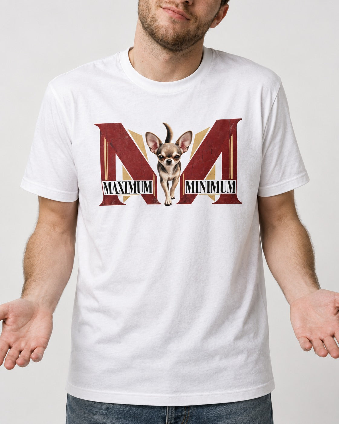 Maximum Minimum Chihuahua T-Shirt in White, worn by a model, front view