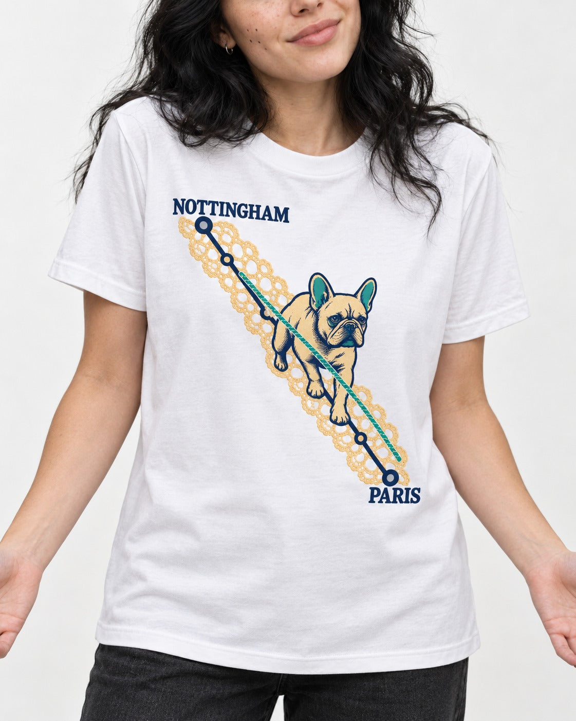 Nottingham to Paris Frenchie T-Shirt in White, worn by a model, front view