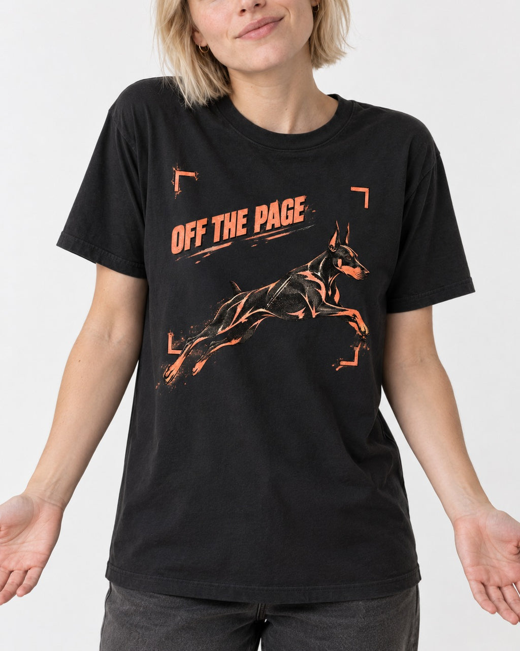 Doberman Off the Page Focus Frame Graphic T-Shirt in Black, worn by a model, front view