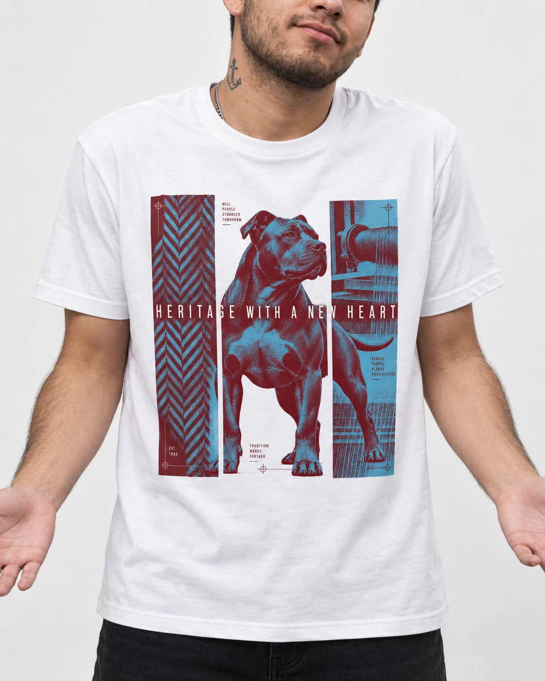 Pitbull Heritage with New Heart T-Shirt in White, worn by a model, front view