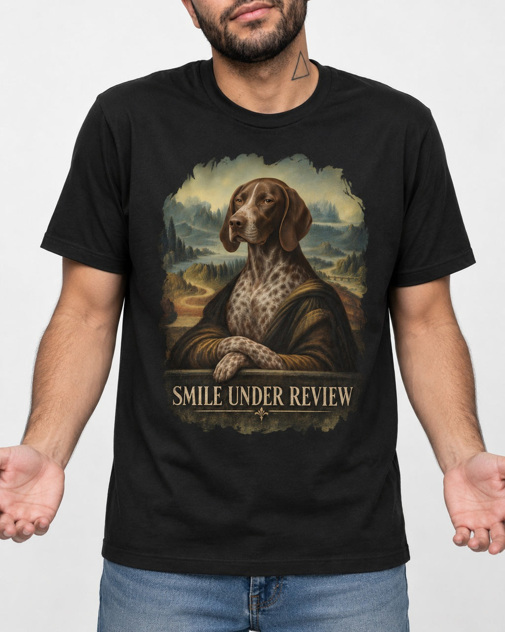 German Shorthaired Pointer Smile Under Review Renaissance Portrait Graphic T-Shirt in Black, worn by a model, front view